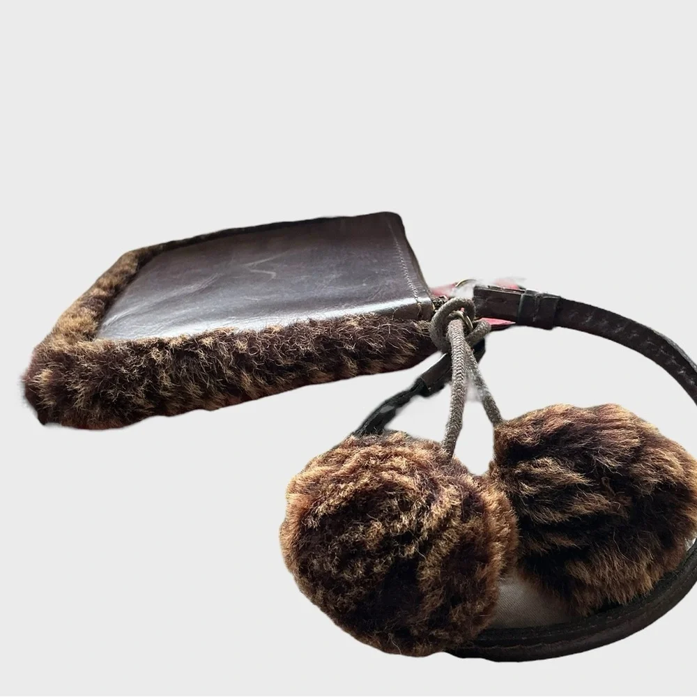 Patricia Nash Brown Leather Faux Fur Trim Wristlet Clutch Zip Pouch
